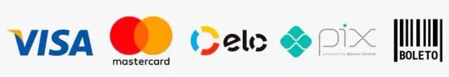 Formas de pagamento: Visa, Mastercard, Elo, PIX, Boleto